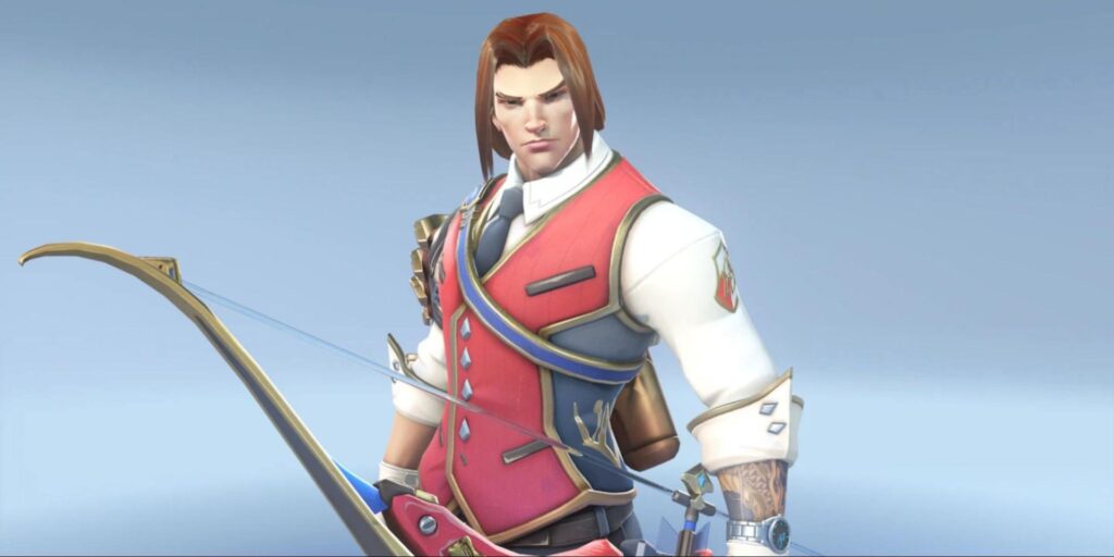 Hanzo in a stylish red and white outfit, wielding a bow, with an intricate design and accessories, set against a soft blue background.