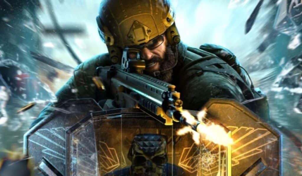 Blackbeard firing a rifle behind a shield in Rainbow Six Siege