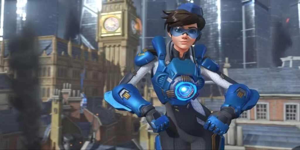 Agent Lena in futuristic blue armor poses confidently with a glowing core, set against a city skyline with historic buildings and smoke.