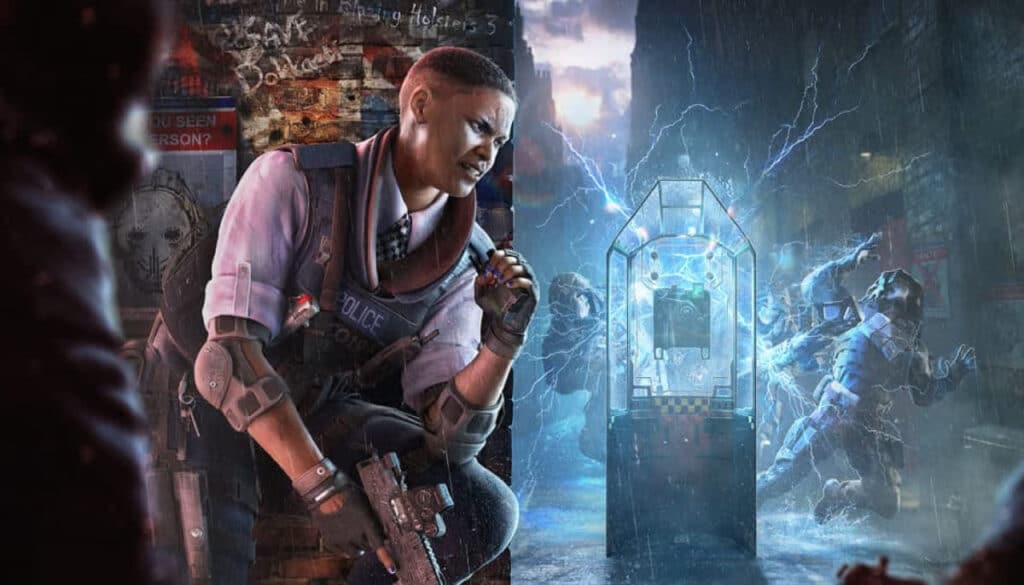 Clash, a defender from the game Rainbow Six Siege, crouches with a weapon in hand in a dark urban alley. Her electrified shield is deployed, emitting blue sparks that shock approaching enemies. The scene is intense, with rain, graffiti, and dramatic lighting enhancing the atmosphere.