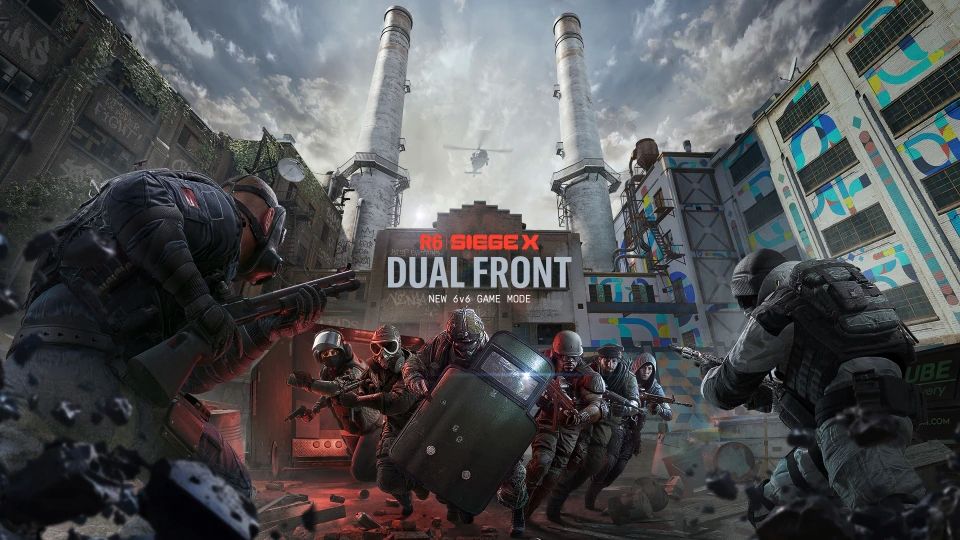 Promotional art for Siege X's Dual Front mode, showing two 6-player teams clashing in an urban setting with smoke, shields, and helicopters overhead
