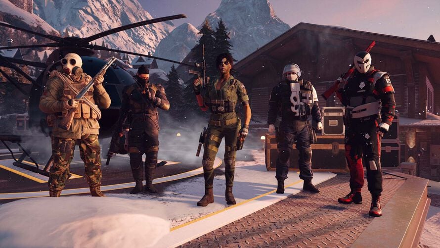 Group of Rainbow Six Siege X operators standing on a snowy helipad in front of a helicopter and mountain lodge