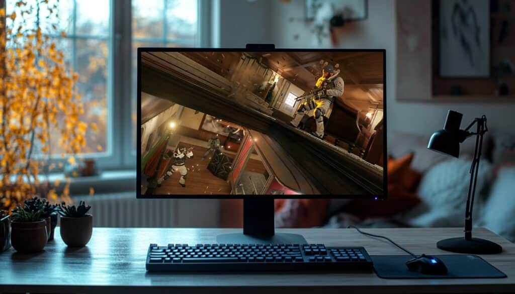 Rainbow Six Siege X gameplay shown on a monitor in a cozy home gaming setup