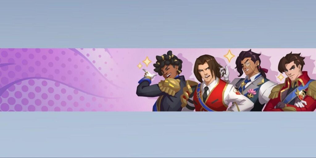 Four skins of Overwatch characters in elaborate outfits strike poses against a vibrant pink and purple background with sparkles and patterns.