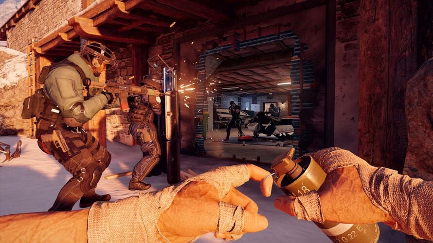 Rainbow Six Siege player preparing to throw a grenade while teammates engage enemies through a breached wall