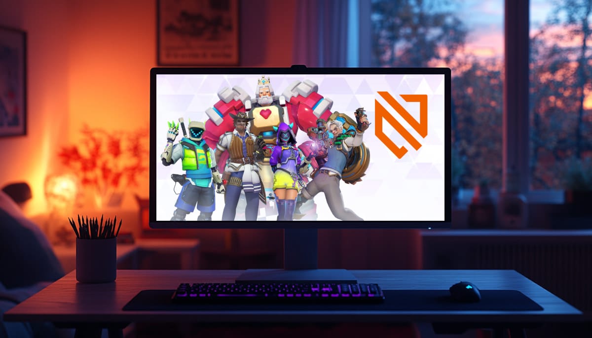 A gaming monitor displaying characters from Overwatch 2, set in a cozy, dimly-lit room