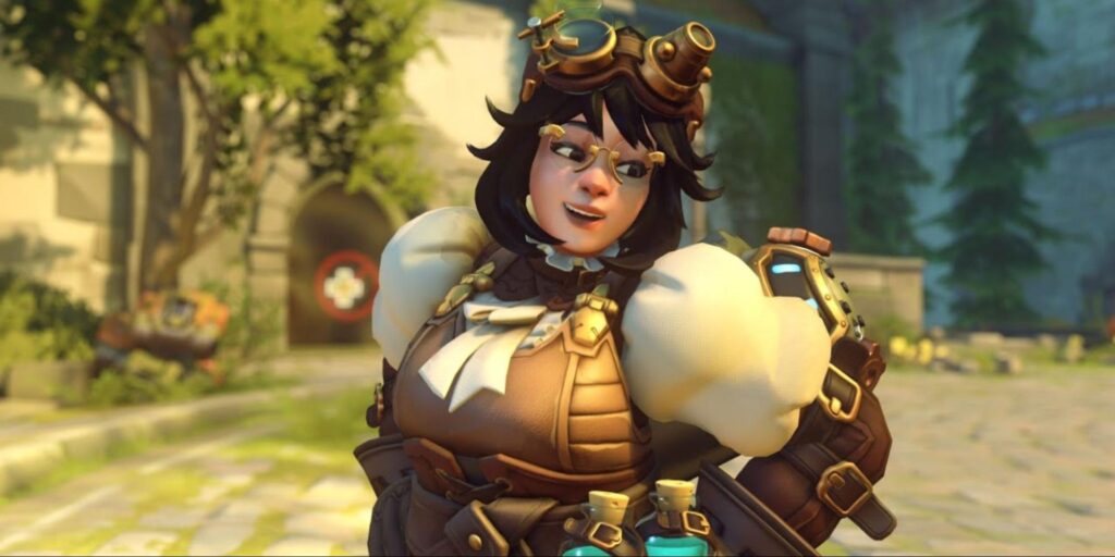 Mei in her Alchemist skin from Overwatch 2, wearing steampunk-style goggles, a leather corset, and carrying potion bottles
