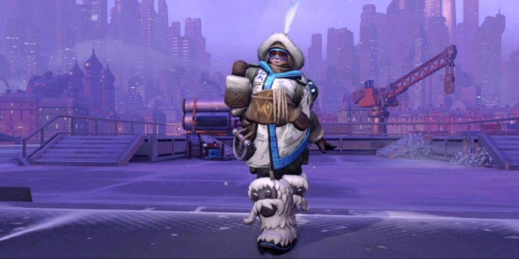 Mei in her Yeti Hunter skin from Overwatch 2, wearing a fur-lined parka, blue goggles, and Yeti-themed boots in a snowy city environment