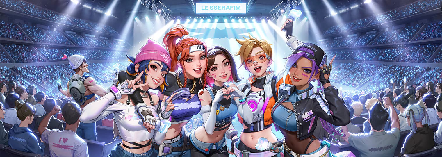 Five animated members of k-pop group Le Sserafim pose for a selfie in front of a cheering crowd at a concert with a lit stage that reads “LE SSERAFIM” in the background.