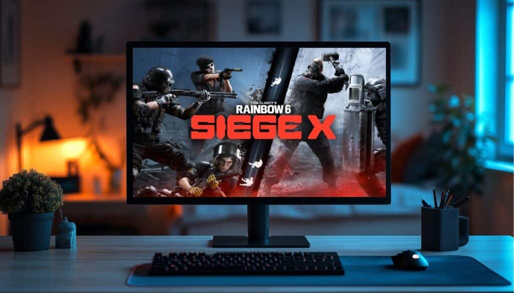 A desktop monitor displaying the Rainbow Six Siege X title screen with armed operators in combat, set in a modern gaming setup