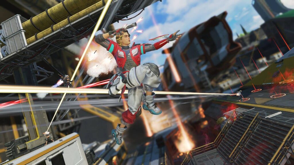 Apex Legends character Sparrow leaps through the air amid heavy gunfire and explosions on a futuristic map