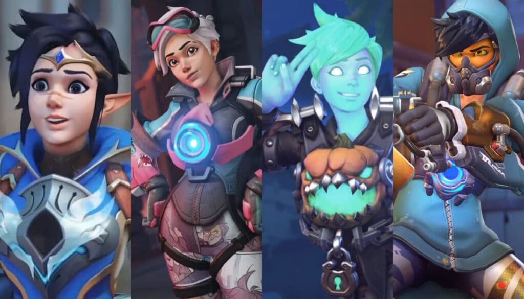 Four different Tracer skins from Overwatch 2 - Adventurer, Comic Book, Will-O’-Wisp, and Graffiti