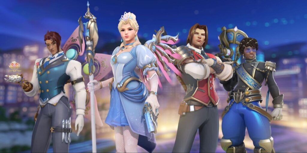 Four fantasy characters from Overwatch in elaborate costumes stand together, showcasing vibrant colors and intricate designs, set against a city skyline.