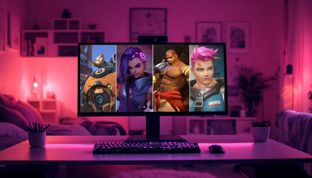 Gaming setup with a monitor displaying Overwatch 2 heroes Wrecking Ball, Sombra, Doomfist, and Zarya, known for being among the most banned in competitive mode