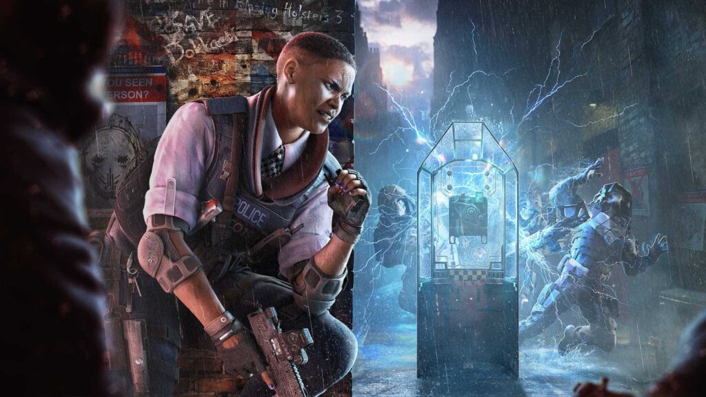 Clash from Siege X uses her electrified CCE Shield to repel enemies in a rainy alley, as electricity crackles around her shield