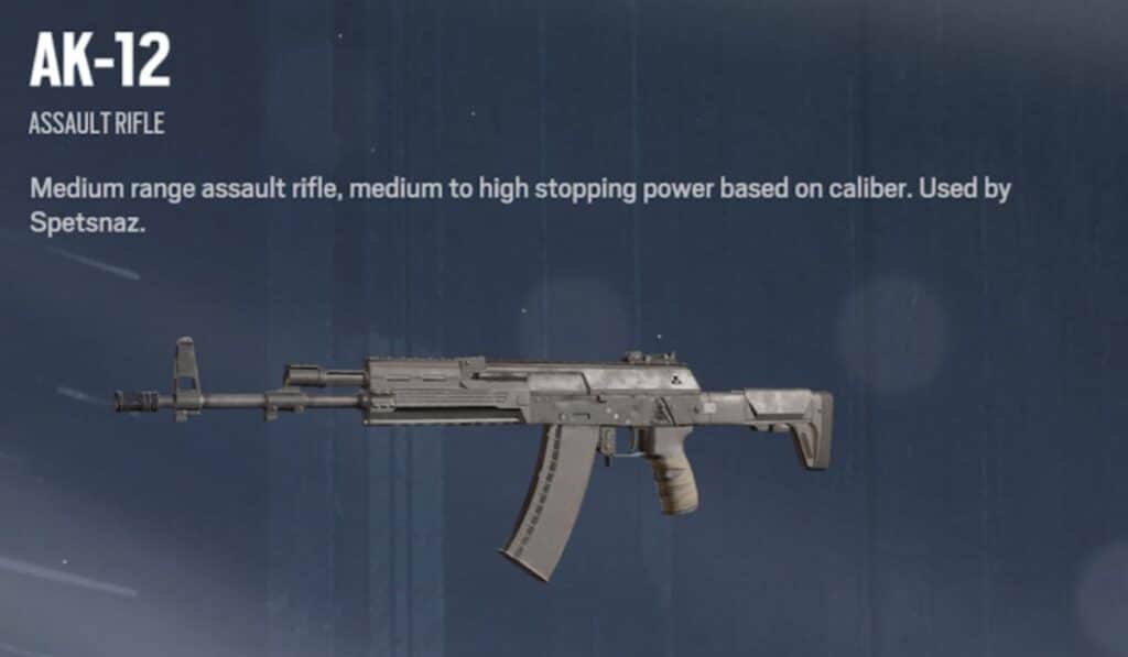 AK-12 assault rifle image on a dark background. Text describes it as medium range, with high stopping power, used by Spetsnaz