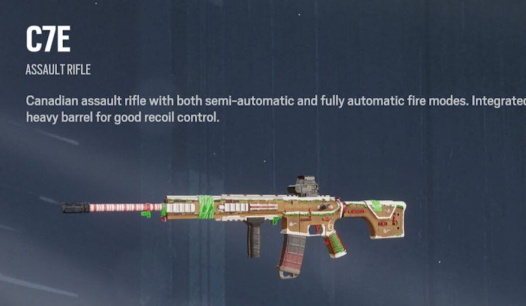 A digital image of a C7E assault rifle with festive red, green, and white decorations, described as having both semi-automatic and fully automatic modes