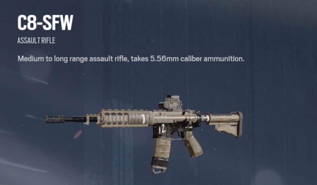 Image of a C8-SFW assault rifle on a dark blue background. Text describes it as a medium to long-range rifle using 5.56mm ammunition