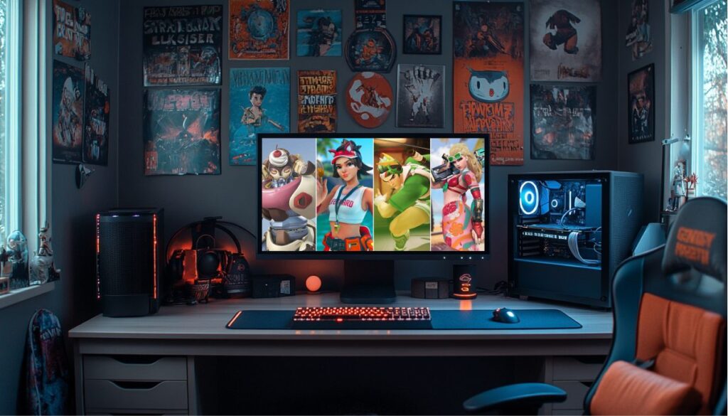 1. A gaming room featuring a computer setup with a monitor, showcasing an Overwatch 2 characters collage