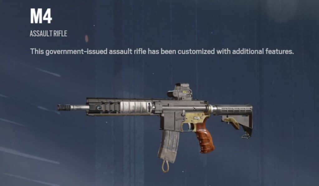 An M4 assault rifle with a dark metallic finish and wooden grip is displayed against a navy blue background. Text reads: "This government-issued assault rifle has been customized with additional features"