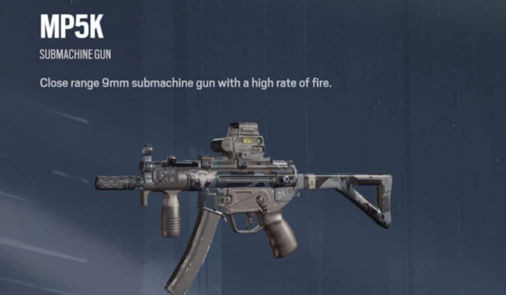 MP5K submachine gun on a blue background with text. Described as a close-range 9mm gun with high fire rate, featuring a camouflage pattern