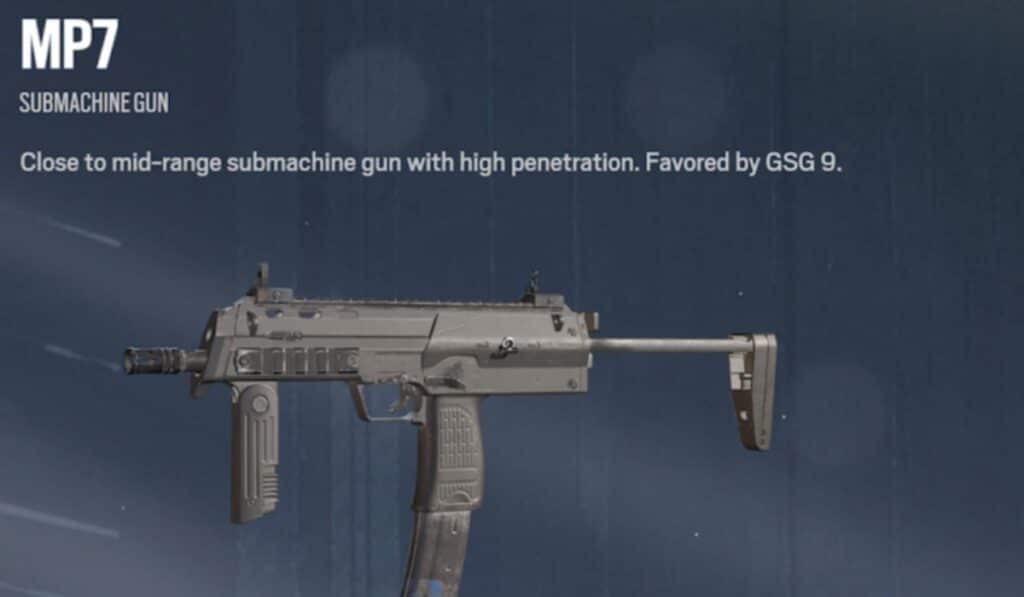 Image of an MP7 submachine gun against a blue background. Text describes it as a close to mid-range weapon with high penetration, favored by GSG 9