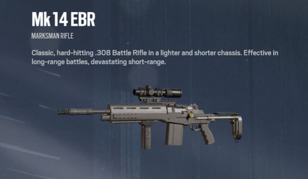 A Mk 14 EBR marksman rifle against a dark blue background. The text highlights its classic .308 caliber, compact design, and battle effectiveness