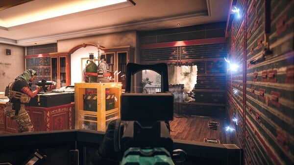 First-person view in Rainbow Six Siege shows a tactical shooter aiming at two opponents in a room
