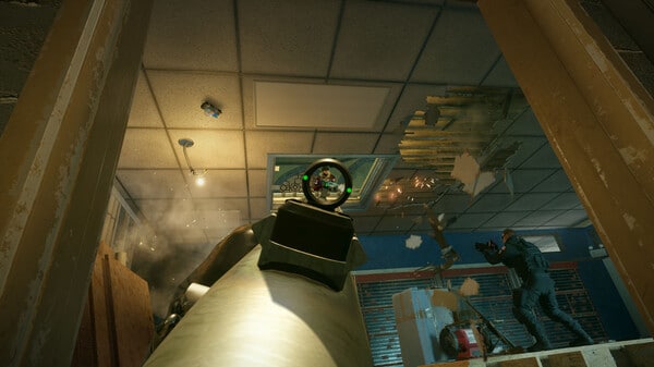 View through a gun scope aimed at a ceiling vent, with debris falling in Siege X. A figure in tactical gear stands nearby, conveying action and tension