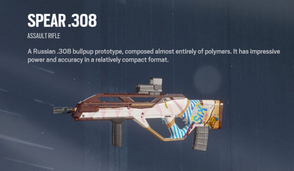 Stylized assault rifle labeled "SPEAR .308" on a dark background. Colorful graphics on the gun include pink stripes and a sky blue design