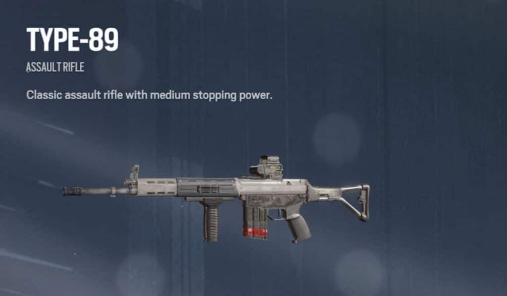 Type-89 assault rifle displayed against a dark background, labeled with medium stopping power. The rifle has a sleek, modern design and a tactical grip