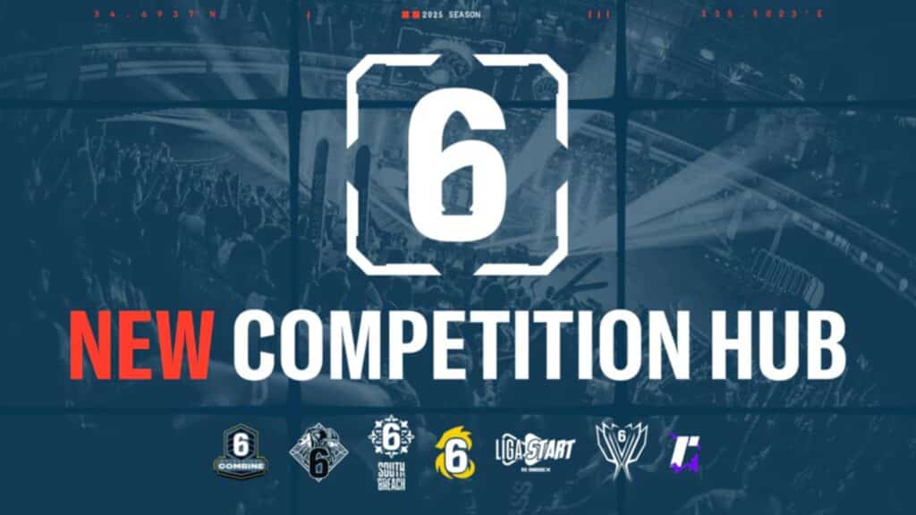 Image of Rainbow Six logo on a pale blue background. The logos of event organisers are underneath red and white text that reads "New Competition Hub"