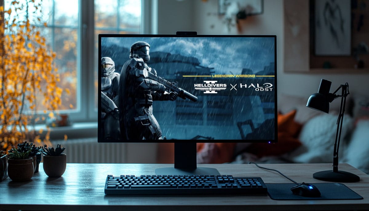 A computer monitor on a desk displays a "HELLDIVERS x HALO ODST" game screen, featuring armored soldiers