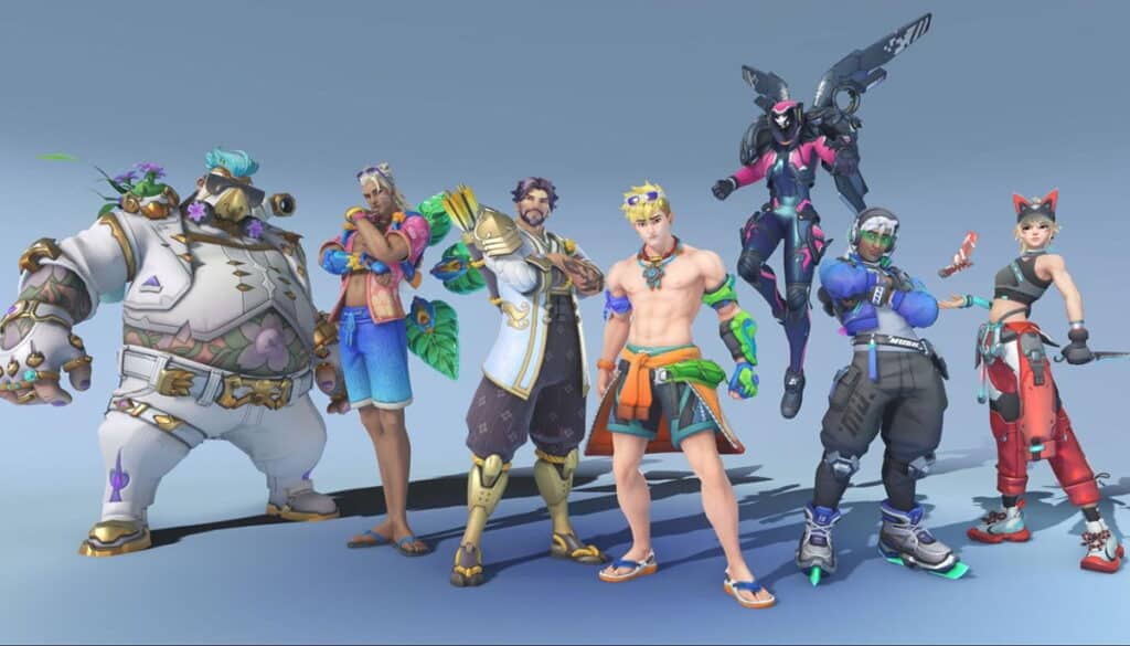 Overwatch 2 heroes wearing Season 18 poolwear and streetwear skins