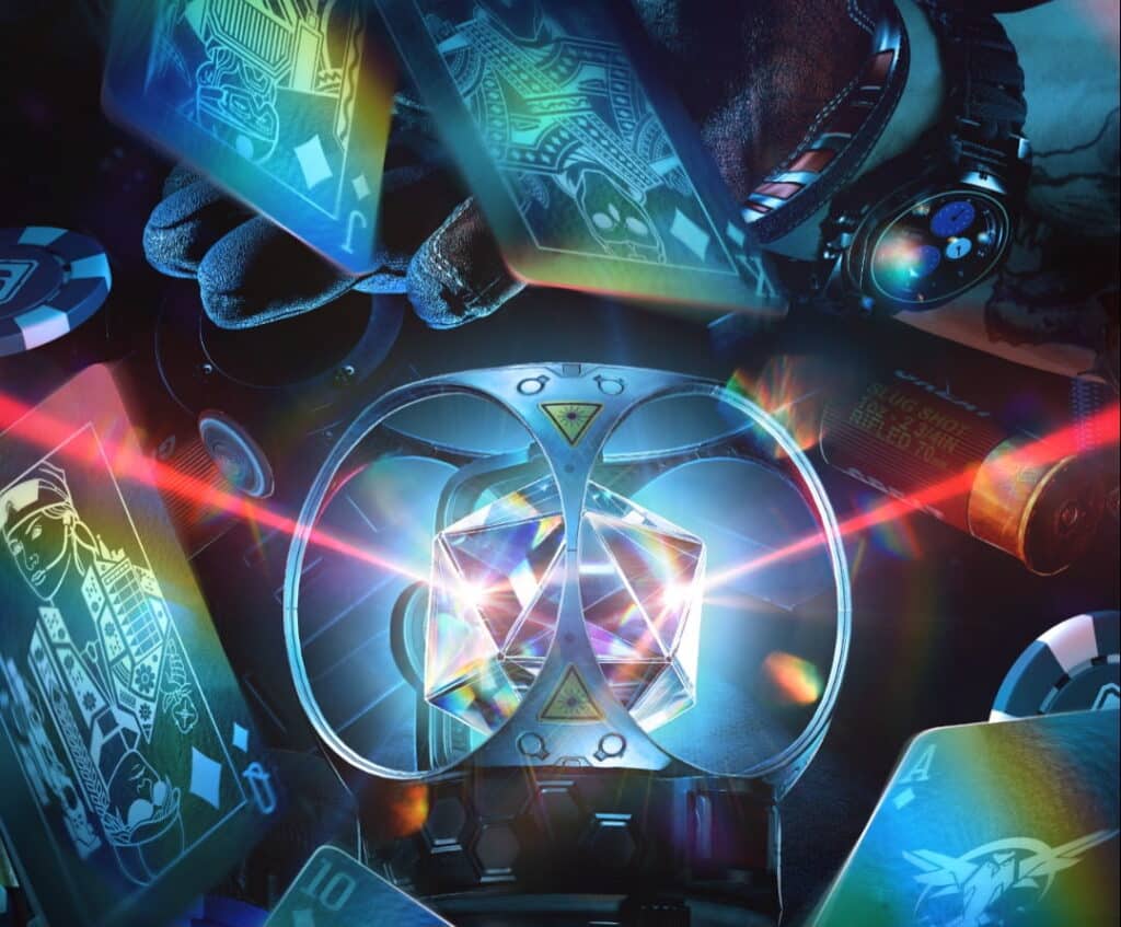 A futuristic scene with glowing playing cards, poker chips, and a luminous, crystalline sphere at the center