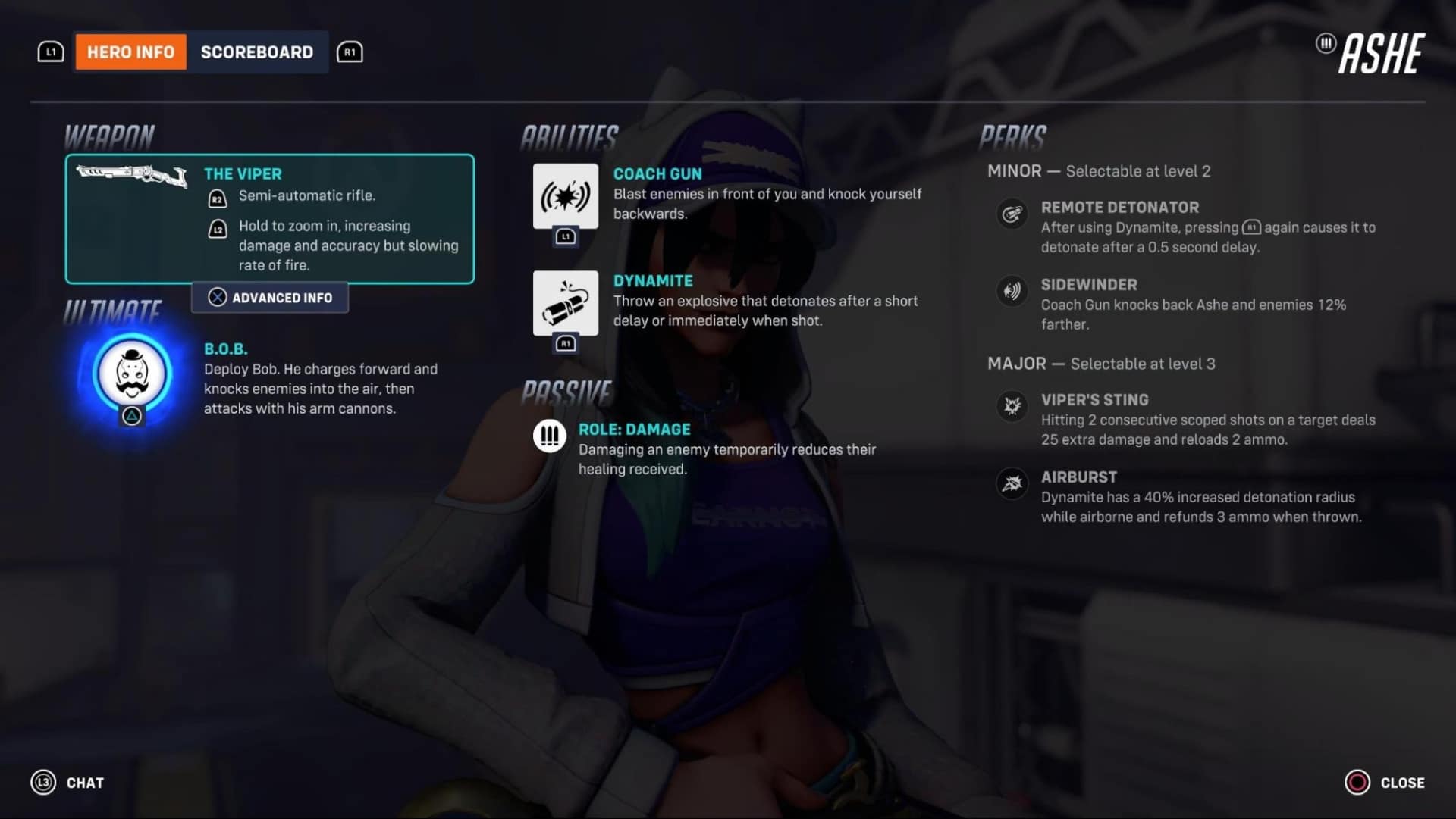 Overwatch 2 interface showing Ashe's abilities and weapons. Includes details on "The Viper" rifle, B.O.B. ultimate, Coach Gun, Dynamite, and Role Damage