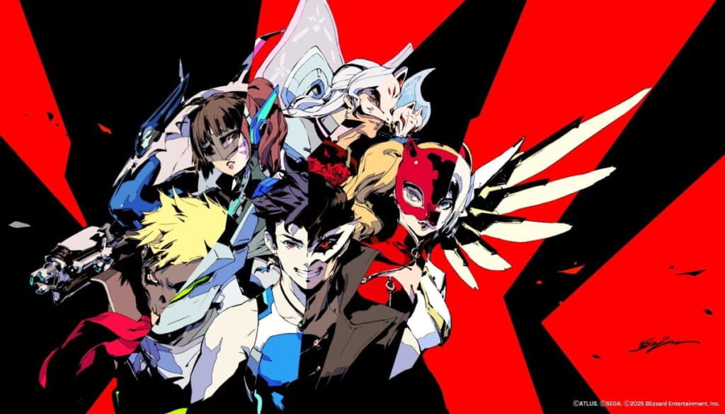 Stylized art of Overwatch heroes in Persona 5 skins
