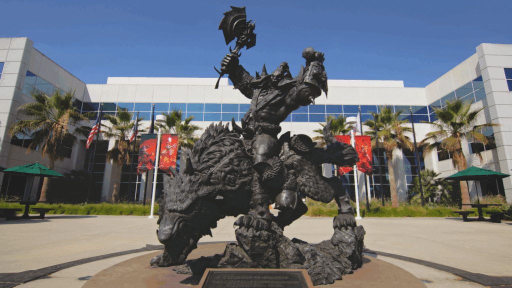 photograph of statue in front of activision blizzard campus