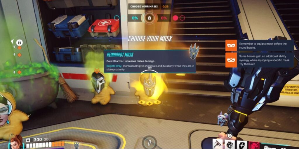 Overwatch 2 screenshot showing a character choosing between masks with different abilities