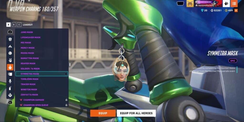 Overwatch 2 screen shows a list of weapon charms with a selected option for "Symmetra Mask"