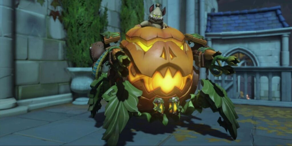 Jack - O’- Lantern stands in a stone courtyard