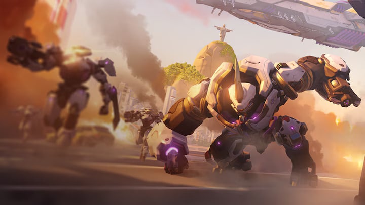 Large, futuristic robotic animals and soldiers advance through a smoky, battle-torn cityscape with a large spaceship overhead in a scene of Overwatch 2.