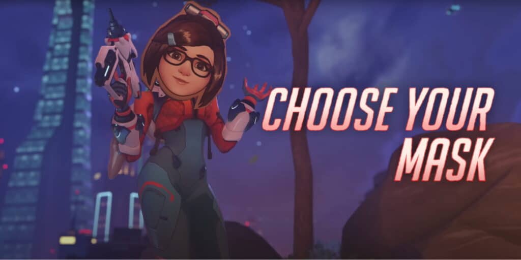 Overwatch character in a tech suit and glasses holds a mask confidently, with "Choose Your Mask" text beside