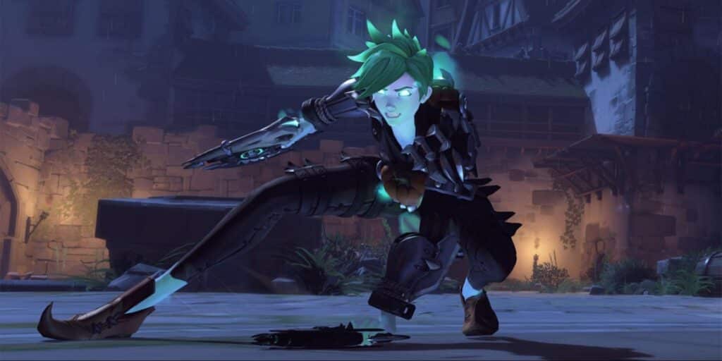 Will-O-Wisp Tracer crouches in a dynamic pose, holding a futuristic weapon