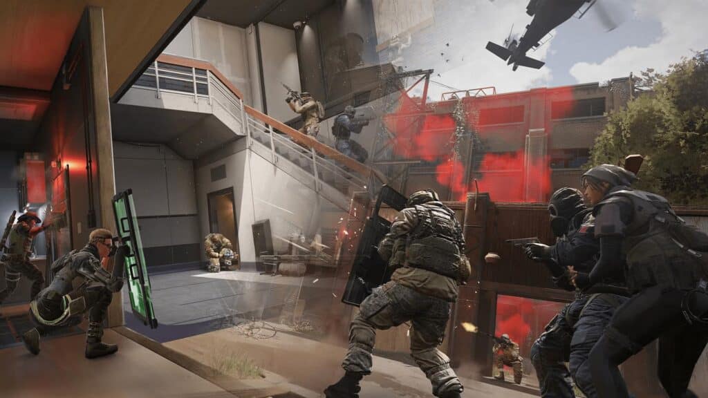 Image of Rainbow Six Siege X players fighting. A helicopter is flying above the action in the sky