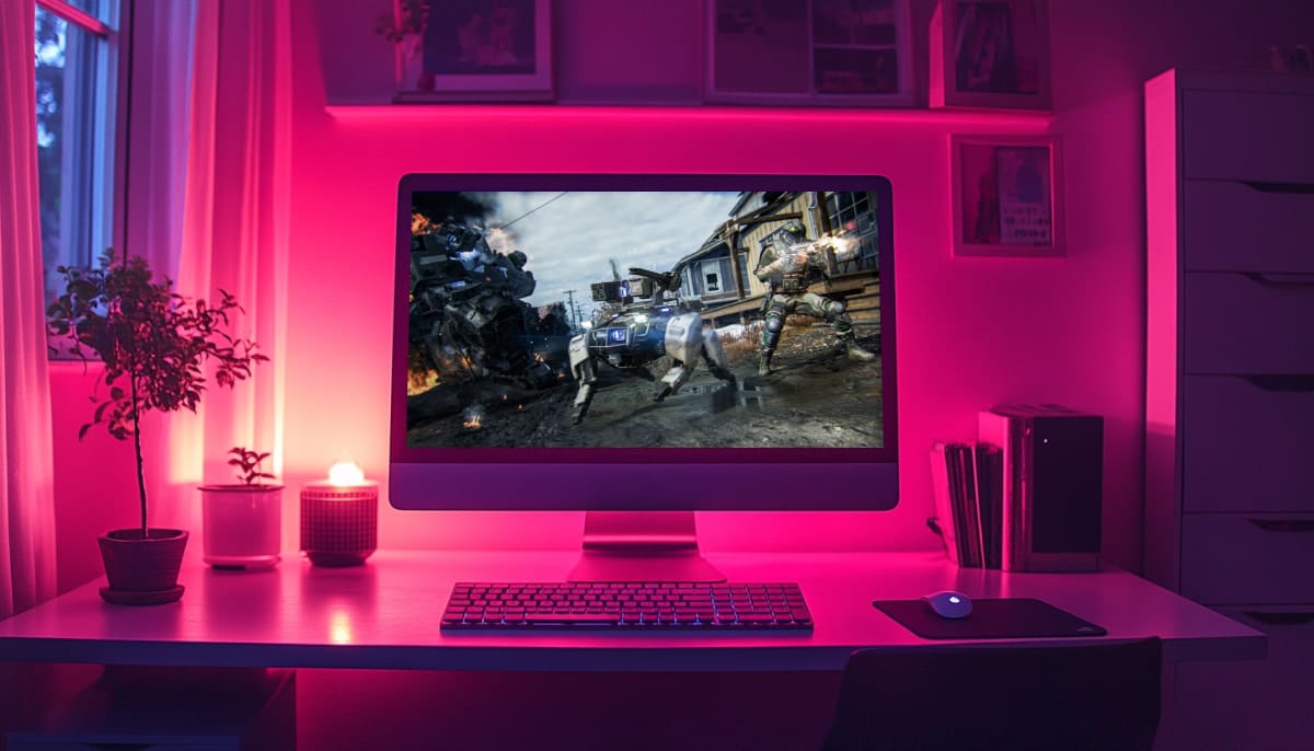 A desktop computer displays an intense battle scene in Black Ops 7