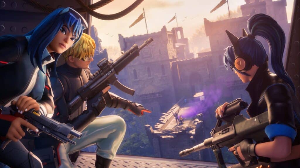 A squad prepares an ambush near a castle during a Fortnite battle